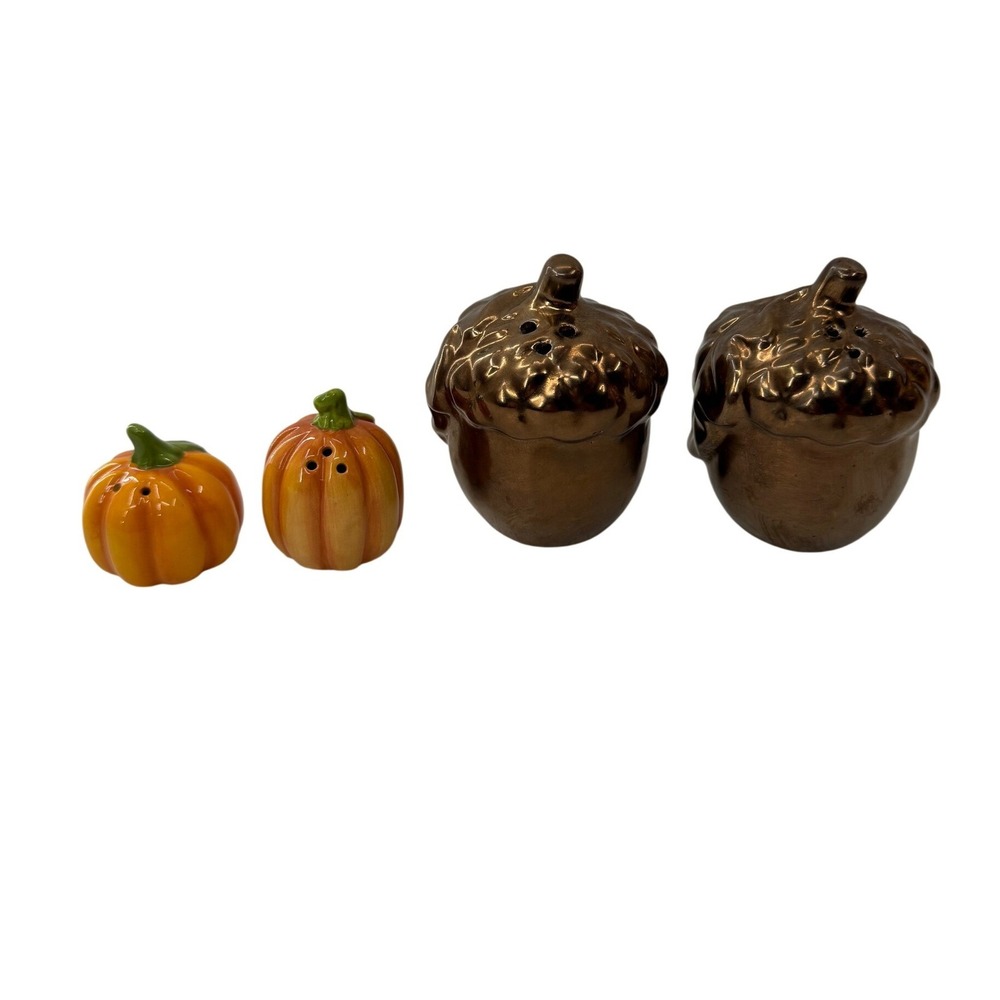 Autumn Pumpkin and Acorn Salt and Pepper Shakers Set Ceramic Harvest Fall Decor